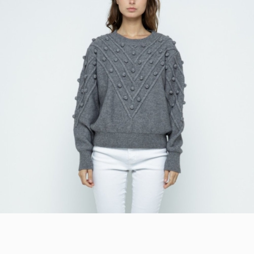 @merci Gray Women's Pom Pom Cable Knit Sweater with Textured Accents Size Medium